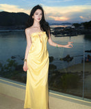 ロングドレス キャバドレス セクシー ベアトップ 上品 サテン リボンデザイン カットアウト バックオープン 誕生日 JC2-XHY911182