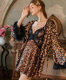 ルームウェア ランジェリー セクシー レオパード柄 シフォン レース切替 Vネック 誘惑 ベルスリーブ ガウン付きセット JC8-GR6633