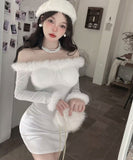 【3色】ミニドレス キャバドレス セクシー クリスマス フェザー オフショルダー ウエストマーク タイトシルエット 長袖 デート JC2-DD6108