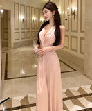 Lady's coco ロングドレス キャバドレス セクシー シャンパンピンク 調節可能 ディープV バックレス ツイストデザイン ギャザー入り 誕生日 パーティー JC2-XHY919295