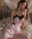 【4色】ルームウェア ランジェリー セクシー サテン レース バックオープン キャミソール ガウン セットアップ JC8-GR5603