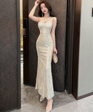 【3色】ロングドレス セクシー エレガント 気質 キラキラ 脚長効果 party 非対称 YH2-DD6665