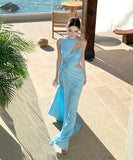 Lady's coco ロングドレス キャバドレス セクシー 肌見せデザイン カットアウト ウエスト ハイスリット ドレープ ライトブルー パーティー バースデー イベント JC2-XHY918251