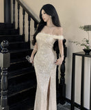 Lady's coco ロングドレス キャバドレス セクシー フレンチ オフショルダー スパンコール タイトシルエット 高見え ふわふわフェザー付き パーティー JC2-YKE450A8676