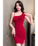 【2色】ミニドレス キャバドレス セクシー 韓国風 ワンショルダー キャミワンピ 上品 ボディコン JC2-JX5887