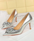 【10cm/7cmヒール】ハイヒール パンプス キラキラ 花 立体感 高見え パーティー 3色 MY5-DS-3391-AH56