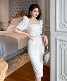 【ホワイト＆ブラック】ドレス ひざ丈ドレス 新作 かわいい キラキラ肌見せ MY2-JY50106