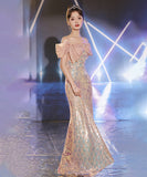 ロングドレス 誕生日パーティー キラキラ 人魚姫 リボン オフショルダー 演奏会 宴会 XH2-WS-P108