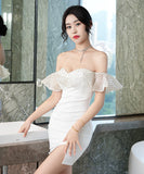 【ホワイト・ブラック】ミニドレス キャバドレス フリル かわいい ノーショルダー MY2-XYD2321