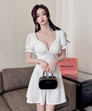 【4色】ミニドレス キャバドレス かわいい Ｖネック 体型カバー 着瘦せ MY2-EMK2311