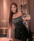 ミニドレス パーティードレス キラキラ かわいい ノーショルダー セクシー MY2-CJ-L4004