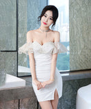 【ホワイト・ブラック】ミニドレス キャバドレス フリル かわいい ノーショルダー MY2-XYD2321