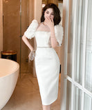 【ホワイト＆ブラック】ドレス ひざ丈ドレス 新作 かわいい キラキラ肌見せ MY2-JY50106