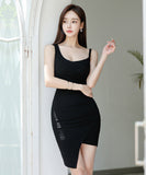 【ブラック・レッド】キャバドレス ミニドレス 非対称 新作 セクシー 脚長効果 MY2-MLS7767