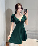 【4色】ミニドレス キャバドレス かわいい Ｖネック 体型カバー 着瘦せ MY2-EMK2311