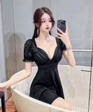 【4色】ミニドレス キャバドレス かわいい Ｖネック 体型カバー 着瘦せ MY2-EMK2311