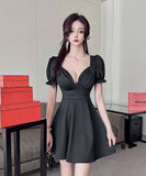 【4色】ミニドレス キャバドレス かわいい Ｖネック 体型カバー 着瘦せ MY2-EMK2311