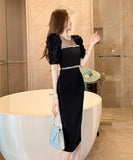 【ホワイト＆ブラック】ドレス ひざ丈ドレス 新作 かわいい キラキラ肌見せ MY2-JY50106