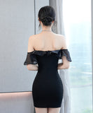 【ホワイト・ブラック】ミニドレス キャバドレス フリル かわいい ノーショルダー MY2-XYD2321