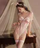 ランジェリー セクシー 透け感レースボディスーツ スコスプレ ウサギ耳ボディスーツセット しっぽ付き KS2-GRG5258