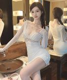 【3色】ミニドレス キャバドレス 透け感 レース 長袖 着痩せ MY2-LQE7681