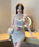 3色 ミニドレス キャバドレス 新作 ノーショルダー 谷間魅せ MY2-YM8742