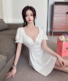 【4色】ミニドレス キャバドレス かわいい Ｖネック 体型カバー 着瘦せ MY2-EMK2311