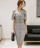 ひざ丈ドレス ドレス 新作 フリル 脚長効果 セクシー MY2-ZED883355BX