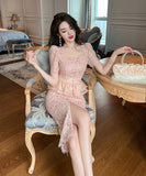 【手作り】新作 かわいい ひざ丈ドレス ドレス レース フリル MY2-JY10406