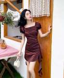 ミニドレス 可愛い 韓国っぽ パフスリーブ お洒落 セクシー XH2-ZED889609GT347