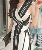 ひざ丈ドレス 新作 かわいい ドレス ストラップ柄 非対称 MY2-ZED888729B