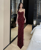 【2色】ロングドレス キャバドレス Party キラキラ ベアトップ セクシー 宴会 XH2-YM9126