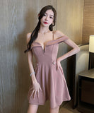 3色 ミニドレス キャバドレス 新作 Ｖネック Ａライン 体型カバー MY2-YM8755