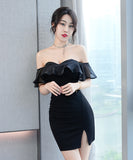 【ホワイト・ブラック】ミニドレス キャバドレス フリル かわいい ノーショルダー MY2-XYD2321