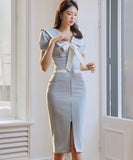 膝丈ドレス エレガント 気質 リボン 大人可愛い 高級感 キャバドレス XH2-ZED886632BH506