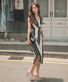 ひざ丈ドレス 新作 かわいい ドレス ストラップ柄 非対称 MY2-ZED888729B