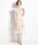 ひざ丈ドレス 刺繡 かわいい ゴージャス 高見え 透け感 レース MY2-ZY-9065-701