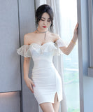 【ホワイト・ブラック】ミニドレス キャバドレス フリル かわいい ノーショルダー MY2-XYD2321