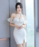 【ホワイト・ブラック】ミニドレス キャバドレス フリル かわいい ノーショルダー MY2-XYD2321