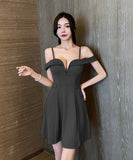 3色 ミニドレス キャバドレス 新作 Ｖネック Ａライン 体型カバー MY2-YM8755