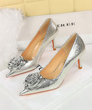 【10cm/7cmヒール】ハイヒール パンプス キラキラ 花 立体感 高見え パーティー 3色 MY5-DS-3391-AH56