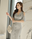 ひざ丈ドレス ドレス 新作 フリル 脚長効果 セクシー MY2-ZED883355BX