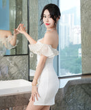 【ホワイト・ブラック】ミニドレス キャバドレス フリル かわいい ノーショルダー MY2-XYD2321