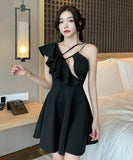 キャバドレス 谷間魅せ フリル ミニドレス 谷間魅せ キラキラ MY2-YM8735