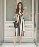 ひざ丈ドレス 新作 かわいい ドレス ストラップ柄 非対称 MY2-ZED888729B