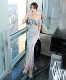 ロングドレス セクシー 着瘦せ 透け感 新作 フリル 脚長効果 MY2-XYD-2318