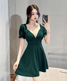 【4色】ミニドレス キャバドレス かわいい Ｖネック 体型カバー 着瘦せ MY2-EMK2311