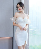 【ホワイト・ブラック】ミニドレス キャバドレス フリル かわいい ノーショルダー MY2-XYD2321