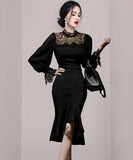 膝丈ドレス 新作 着痩せ 高見え レース YT2-ZED886540BH506