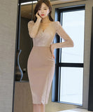 【2色】膝丈ドレス 新作 着痩せ  レース YT2-ZED887782E